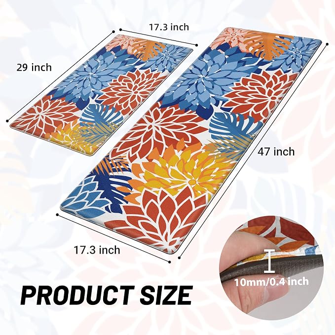 Arenarug Kitchen Mats for Floor 2PCS Cushioned Anti Fatigue Kitchen Mats Waterproof Non Slip Kitchen Mat Rug Set Comfort Foam Standing Mat for Sink, Laundry, Office,17.3" x 28" + 17.3" x 47", Red Blue