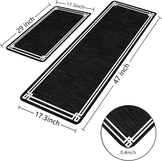 Black Retro Elegance Frame Textured Kitchen Rug Sets [2 PCs], Anti-Fatigue, Waterproof Non-Slip Kitchen Mats Heavy Duty Comfort Foam Rug for Kitchen, Floor, Laundry,17"x29"+17"x47"