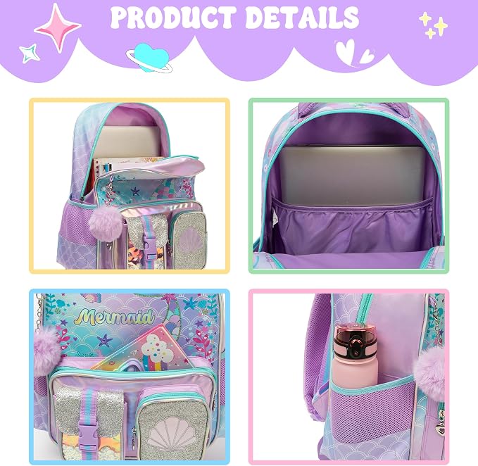 Meetbelify Mermaid Backpack for Girls Backpacks with Lunch Box Pencil Case for Elementary Student Kids School Travel Bag for Girls Ages 6-8 Years Old