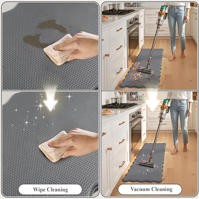 KIMODE Anti Fatigue Kitchen Mats for Kitchen Floor,Scalloped Kitchen Rugs Sets of 2 Non Slip,Cushioned Padded Memory Foam Kitchen Floor Mat Carpet for Office Laundry Sink,Grey