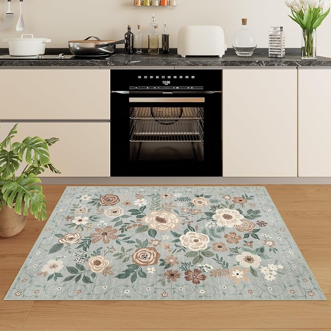 DUKINO 2x3 Rugs for Entryway, Floral Indoor Washable Door Mat, Non Slip Boho Small Rug for Kitchen, Soft Low Pile, Front Door Throw Rug for Entrance, Bedroom, Kitchen, Laundry, Bathroom, Sage Green