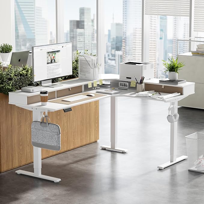 FEZIBO L Shaped Electric Standing Desk, 63 x 48 inch Large with Drawers | Reversible Tabletop, 2 Memory Height Settings | Home Office & Gaming Height-Adjustable Table, White（2 Packages）