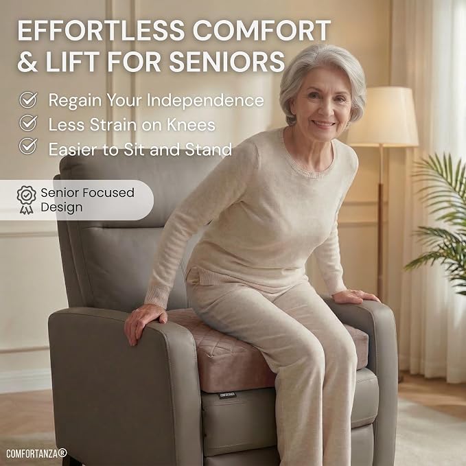 Soft 20x20x5 Memory Foam Recliner Chair Seat Cushion for Long Sitting - Armchair Pad with Washable Velvety Cover & Non-Slip Base for Seniors & Elderly - Brown