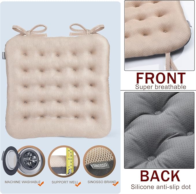 SINOSSO Excellent Support Effect Office Chair Cushion 1 Pack, Luxury Air Mesh Breathable Non-Slip Desk Computer Seat Cushion, Kitchen Dining Room Square Chair Pad (1 Count, Beige)