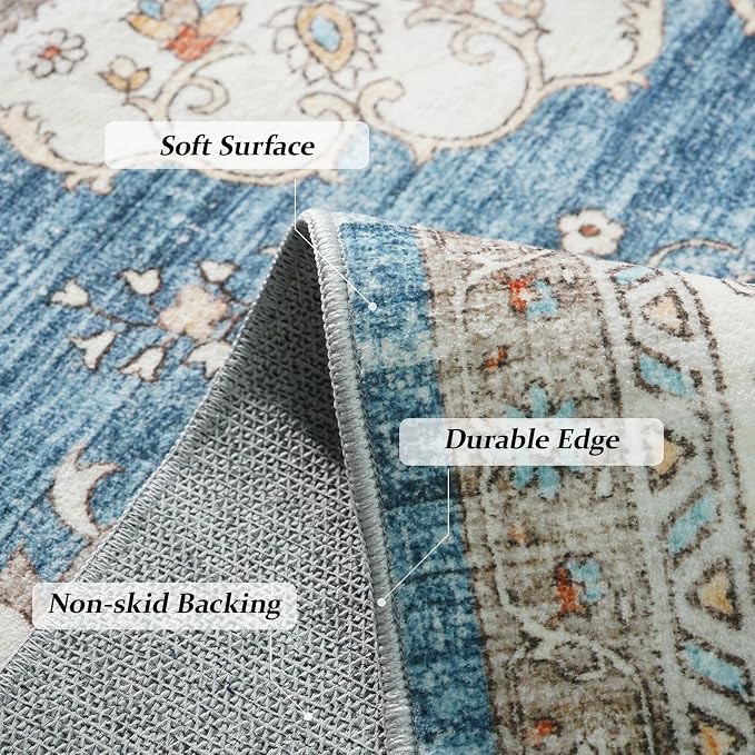 3x6 Washable Hallway Runner Rug:Oriental Indoor Kitchen Rugs Vintage Door Mat Non Slip with Rubber Backing Low Pile Thin Carpet for Bedroom Bathroom Living Room Bedside (3x6 Blue/Beige)