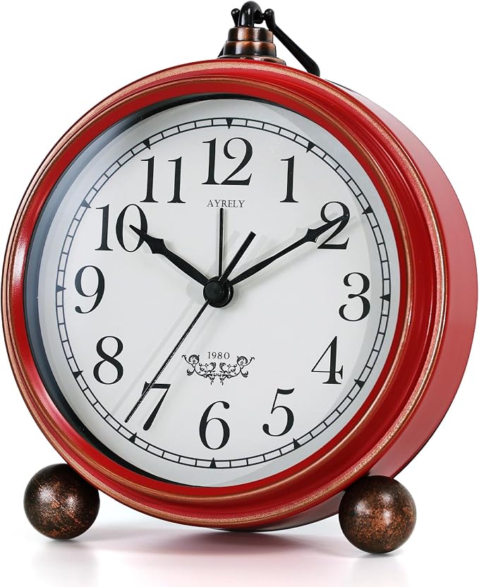 AYRELY® 5.3" Vintage Metal Analog Alarm Clock, Retro Desk and Table Clock | Antique Battery Operated Clock with Light, Elegant Bedside Gift for Bedrooms, Living Rooms, Shellf and Home Decor (Red-White)