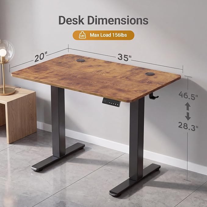 Claiks 35 x 20 Inch Rustic Brown Electric Standing Desk | Adjustable Height, Sit Stand, 3 Memory Presets, Cable Management, Space-Saving, Home Office & Bedroom