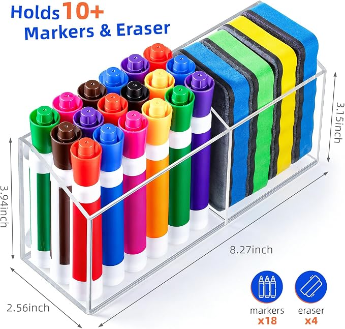 Simetufy Large Magnetic Dry Erase Marker Holder, Magnetic Pen Holder, Whiteboard Marker Holder with Movable Divider for Glass, Fridge & Locker, Non-slip Acrylic Magnetic Marker Holder