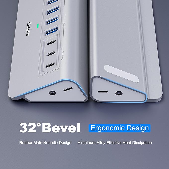Powered USB Hub 10Gbps, intpw YH6AC 9-Port USB 3.2 /USB C Hub with USB A/USB C 3.2, 4 USB 3.0, 2 PD 45W Charging Port, 65W Power Adapter + 5FT Cable, Aluminum USB Hub for PC, iPhone 17/16/15/Laptop