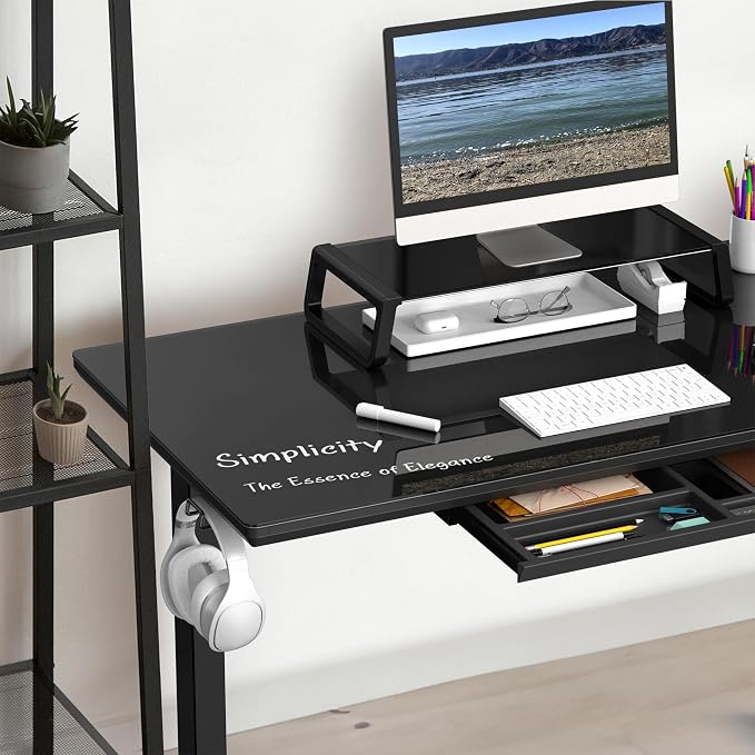SHW 48-Inch Glass Electric Height Adjustable Standing Desk, Black | w/ Monitor Riser | Memory Presets and Cable Management | Drawer with Built-in Compartments | Hanging Hooks