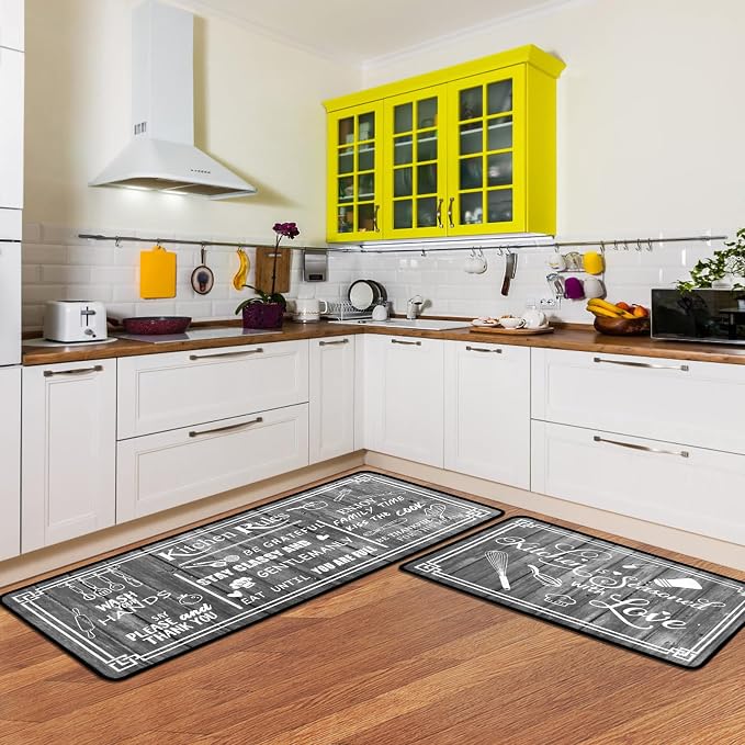 Kitchen Rug Sets of 2 Piece Non Slip Kitchen Rugs and Mats Washable Kitchen Mats for Floor Kitchen Carpet Runner Rugs Decor for Laundry Bathroom Living Room,Grey Kitchen Rules 20"x 59"+20"x 32"