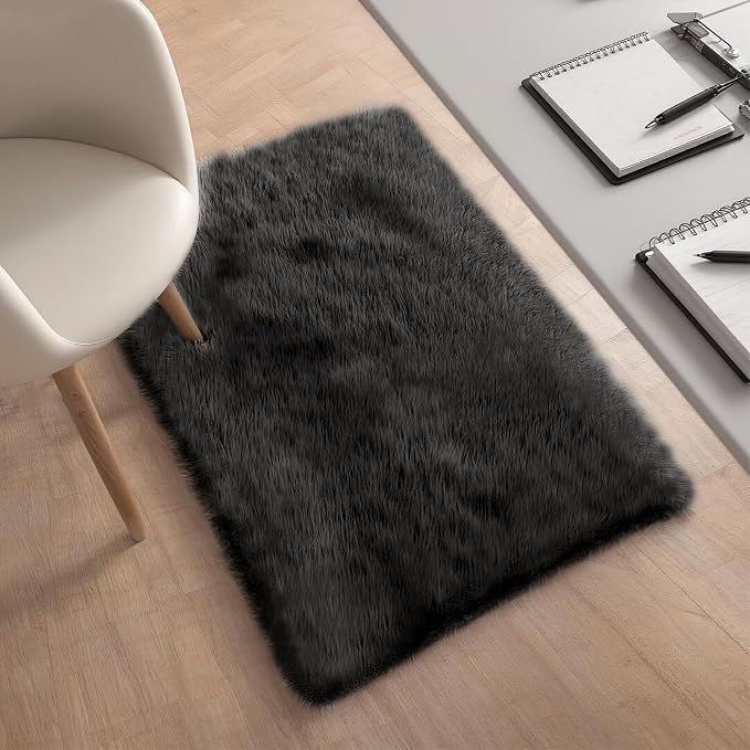 Shag Black Rug, 2x3 Area Rugs for Bedroom Bedside, Ultra-Soft Fluffy Fuzzy Plush Shaggy Furry Rugs for Kids Room, Boys Girls Room, Dorm, Easy Clean Modern Small Carpet