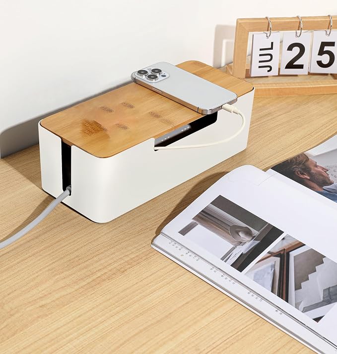 ABS Cord Organizer Box with Wooden Lid, Cable Management Box for Power Strips or Surge Protectors, Desk Cable Tidy Box for Office Home(White)
