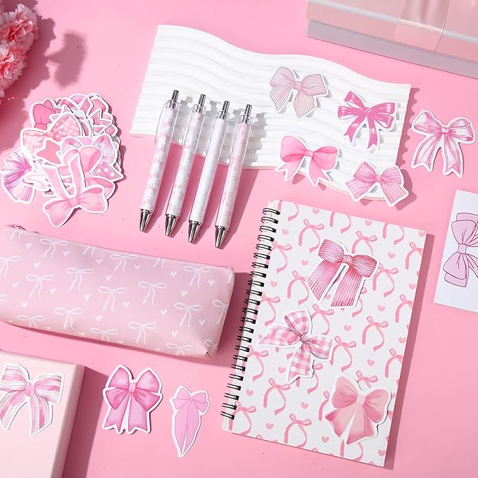 Pink Bow Stationery Gift Coquette School Supplies Set Include Pens Aesthetic Journal Notebook Pencil Case and Stickers Pink Bow Preppy Back to School Supplies for Girl Students