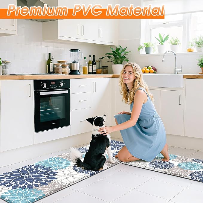 StepLively Kitchen Mats for Floor, 0.47" Anti Fatigue Mats for Floor, Kitchen Decor and Accessories Non Slip Washable Mats Set of 2 for Sink, Laundry, 17.3"×30"+17.3"×59", Blue and White