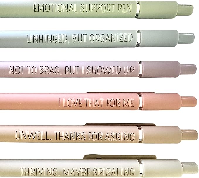 6-Pen Set | Unhinged But High-Functioning Engraved Soft-Touch Gel Pens｜Snarky Sarcastic Emotional Support Pens｜Office Supplies (Silver Pastel)