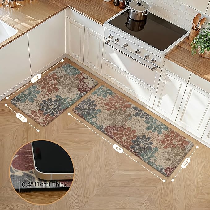 GENIMO Anti Fatigue Kitchen Mats for Floor 2PCS, Cushioned Standing Mats | 17.3"x47"&17.3"x30", Brick red vintage floral rug set, waterproof, non slip, easy-clean for farmhouse