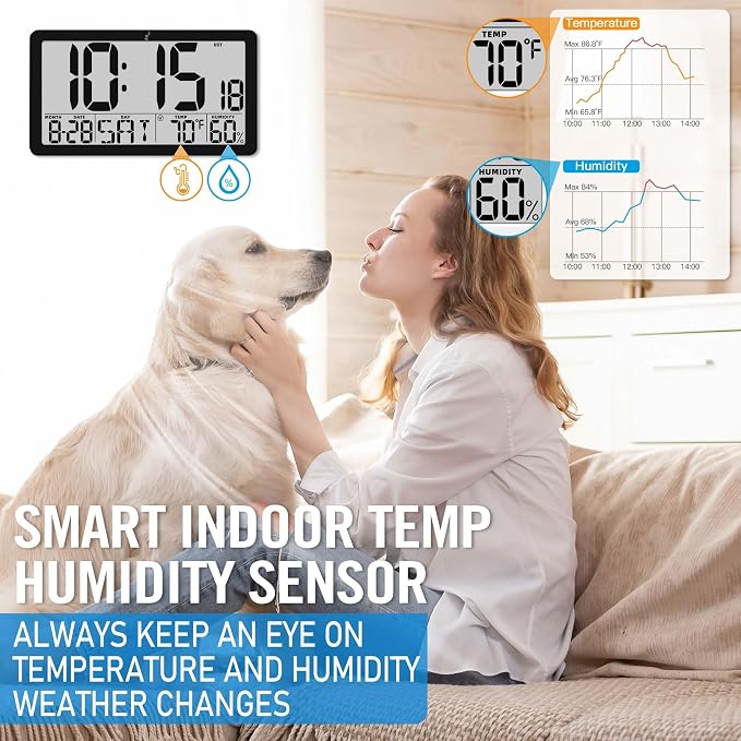 TXL Large Display Digital Wall Clock, Battery Operated with Temperature & Humidity, Auto DST, Date & Weekday, Easy Set Alarm, for Living Room, Bedroom, Office & Classroom (Black)