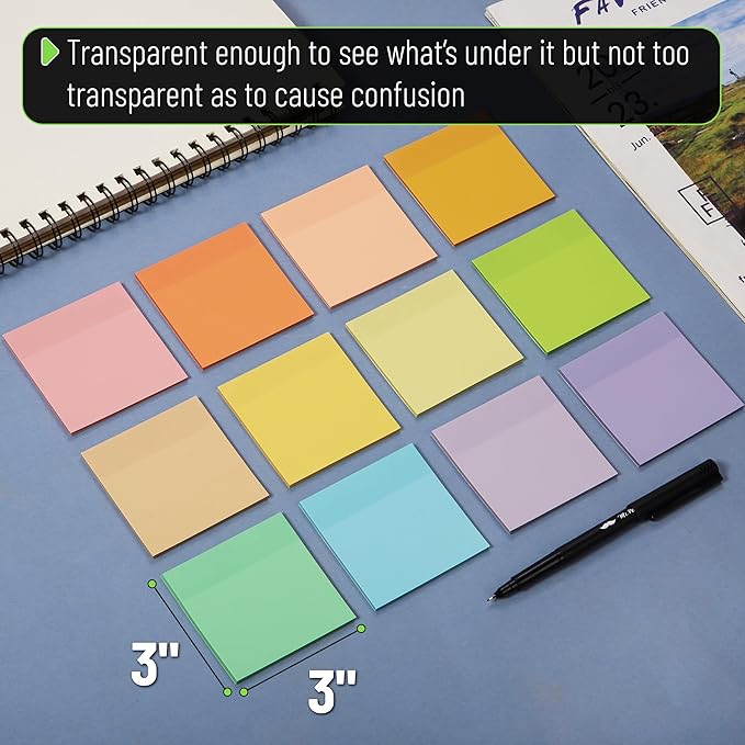 Mr. Pen- Transparent Sticky Notes, 3”x3”, 12 Pads, 600 Sheets, Macron Pastel, Bible Journaling Sticky Notes, See Through Sticky Notes, Translucent Sticky Notes, Stocky Notes for Bible Journaling