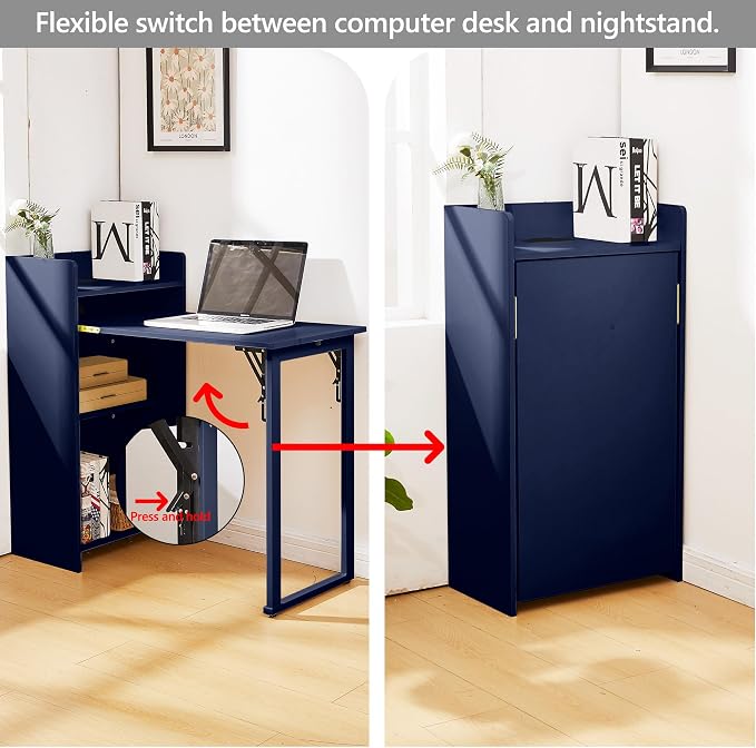Fold Out Desk,Hidden Desk with Storage and Built-in Socket,Mid Century Foldable Table for Small Spaces,Home Office and Bedroom