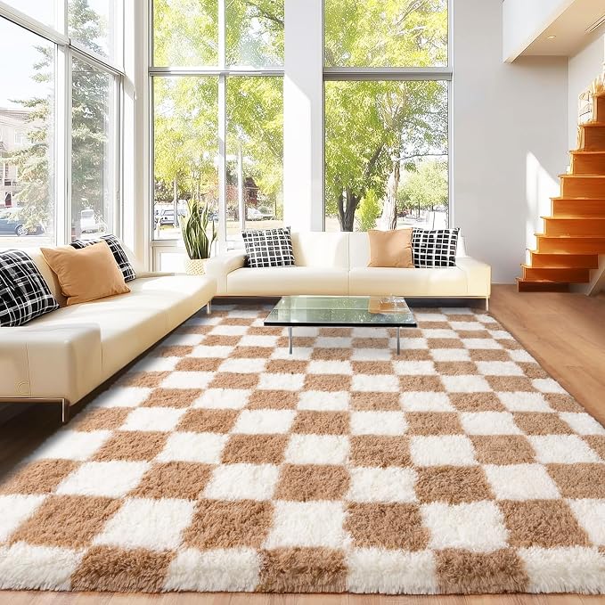 Area Rugs for Living Room 6x9, Ultra Fluffy Checkered Rug Fuzzy Shag Shaggy Carpets for Bedroom, Modern Non-Slip Indoor Soft Plush Furry Rug for Boy Girls Room Dorm Home Decor, Cream and Camel