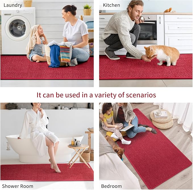 YDKGL Kitchen Mats for Floor, Super Absorbent Kitchen Rugs Non Slip Washable, Soft Imitation Linen Braided Kitchen Runner Rug, Standing Mat Kitchens Sink Mat, Easy to Clean, Red 17x71