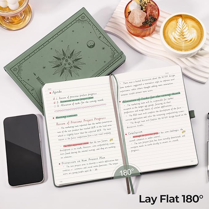 EMSHOI A5 College Ruled Notebook, 320 Numbered Pages 100GSM Ink-Proof Faux Leather Hardcover Lay-Flat Lined Journal for Work Office School Writing, SUN Design, Small 5.75" x 8.38", Green