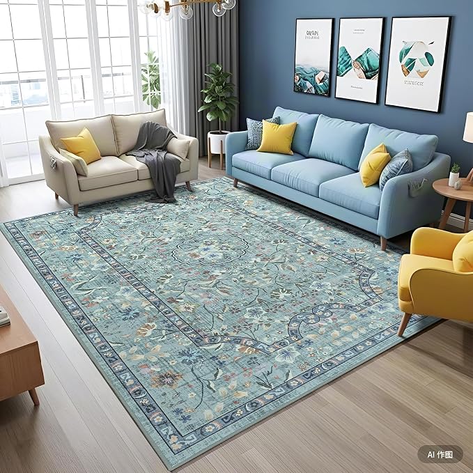 Vasofe 3x5 Area Rug for Bedroom, Washable Rugs for Living Room, Laundry, Kitchen, Vintage Floral Indoor Non Slip Carpet Farmhouse Blue Throw Carpets Soft Low Pile Mat for Dorm Bedside Entryway