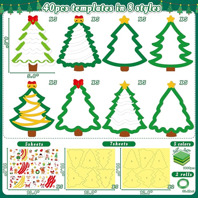 Renbuzhu 40PCS Christmas Crafts Bulk: Xmas Tree Paper Suncatchers DIY Kit for Winter Holiday Activities Decorations, Window Stained Glass Effect Art Ornaments