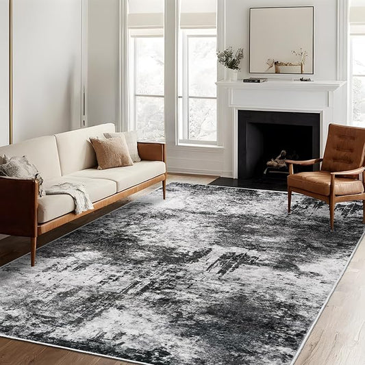 RUUGME 5x7 Abstract Area Rug: Washable Living Room Rug Non-Slip Low-Pile Indoor Carpet for Bedroom Office Nursery Modern Soft Stain Resistant Boho Thin Throw Floor Mat for Dorm Newlyweds (5x7 Black-A)