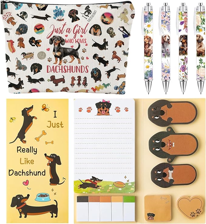 Dachshund Gifts for Women, Wiener Dog Stationery Sets, Weenie Puppy Lovers Sticky Notes Makeup Bag & 4 Ballpoint Pens Cute Animal Accessories School Office Stocking Stuffers for Christmas, Birthday