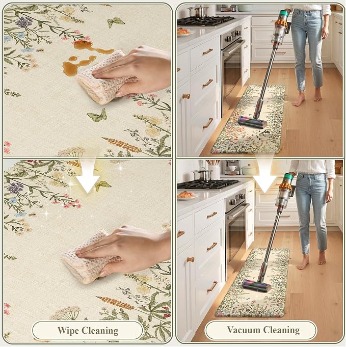 KIMODE Kitchen Mats Cushioned Anti Fatigue 17"x47"+17"x29", Farmhouse Kitchen Mats for Floor 2 Piece, Padded Kitchen Floor Mats Non Slip, Cream Wildflower Standing Mat for Laundry Bath Sink Office