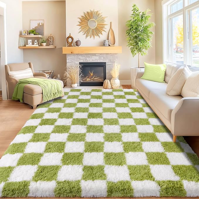 Area Rugs for Living Room 9x12, Ultra Fluffy Shag Checkered Rug Modern Washable Carpet Soft Shaggy Non Slip Indoor Plush Fuzzy Rugs for Bedroom Dorm Office Home Aesthetic Decor, Cream and Green