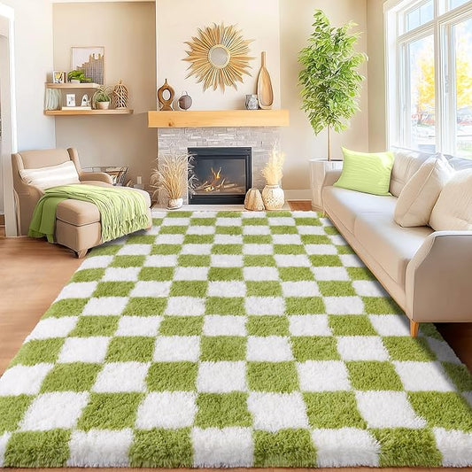 Area Rugs for Living Room 9x12, Ultra Fluffy Shag Checkered Rug Modern Washable Carpet Soft Shaggy Non Slip Indoor Plush Fuzzy Rugs for Bedroom Dorm Office Home Aesthetic Decor, Cream and Green