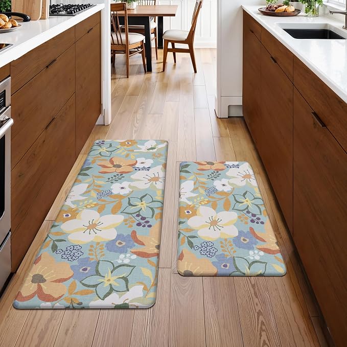 GENIMO Anti Fatigue Kitchen Mats for Floor 2PCS, Cushioned Standing Mats | 17.3"x47"&17.3"x30", Aqua vintage floral rug set, waterproof, non slip, easy-clean for farmhouse