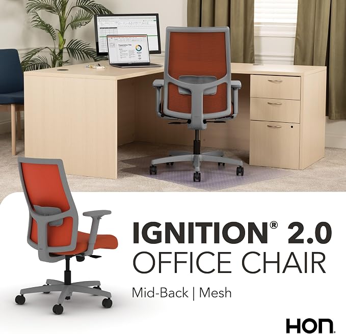 HON Ignition 2.0 Mid‑Back Ergonomic Office Chair, Mesh Task Desk Chair with Lumbar Support, Standard Synchro‑Tilt, Height and Width Adjustable Arms, Titanium Frame, Salamander