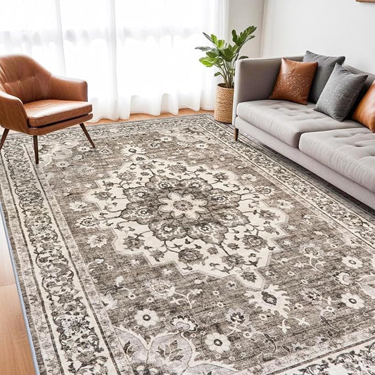 TOPRUUG Washable Oriental Area Rug - 7x9 Rugs for Living Room Soft Carpet for Bedroom Waterproof Floral Distressed Indoor Stain Resistant Non-Shedding Floor Carpets (Beige, 7x9)