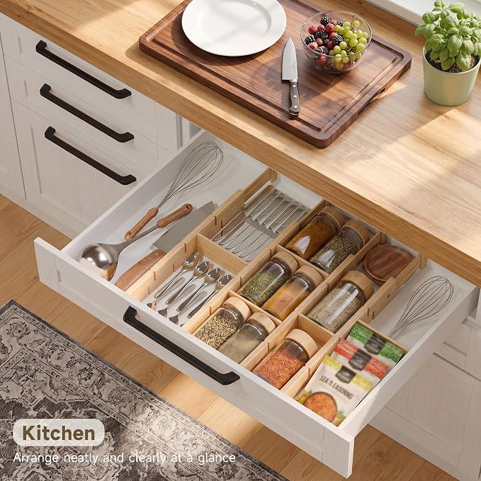 Bamboo Drawer Dividers, Expandable Kitchen Drawer Organizer | Include 4 Dividers, 4 Small Inserts and 4 Medium Inserts for Home, Office, Dressers