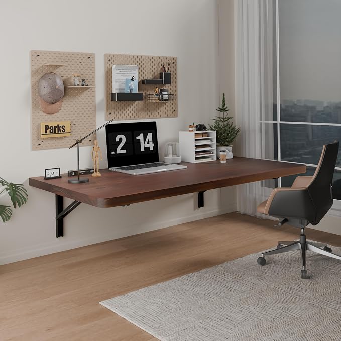 IAE Floating Wall Mounted Folding Table Desk with Pine Wood,36"x22" Folding Workbench,Fold Down wall Mounted Foldable Table with Shelf Brackets,Laundry Folding Table for Apartment,Home,Kitchen,Walnut
