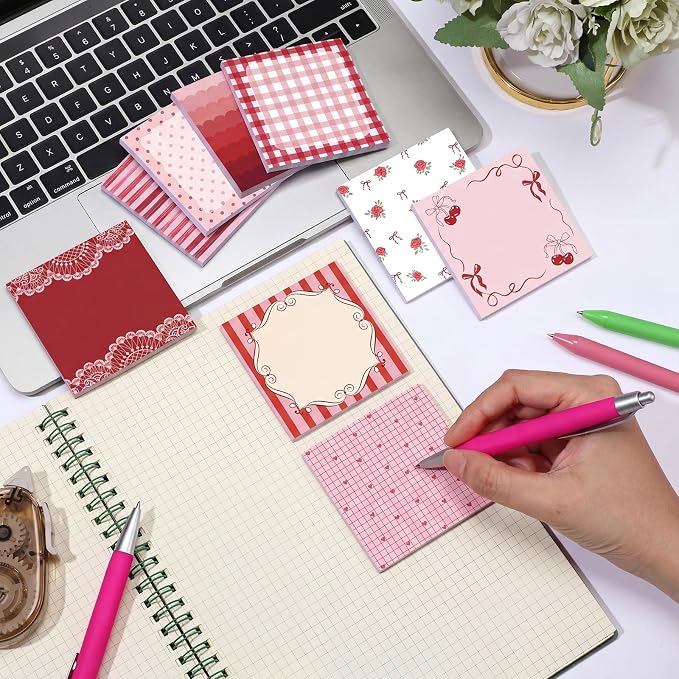 9 Pcs Aesthetic Sticky Notes Cute Pastel Self Stick Notepads Easy to Post Desk Supplies for Home Office Decor School Accessories Women Birthday Coworker Gifts(Red)