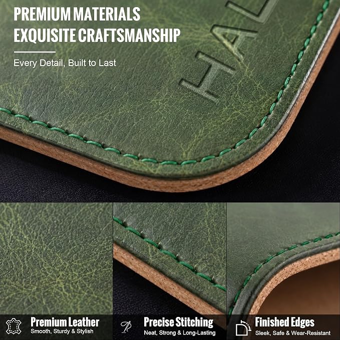 HAUTOCO Cork Desk Mat 31.5"x15.7", Distressed PU Leather & Cloth Desk Pad | Waterproof, Non-Slip, Stitched Edges, Dark Green Large Gaming Mouse Pad, Laptop Blotter & Desk Protector for Office and Home