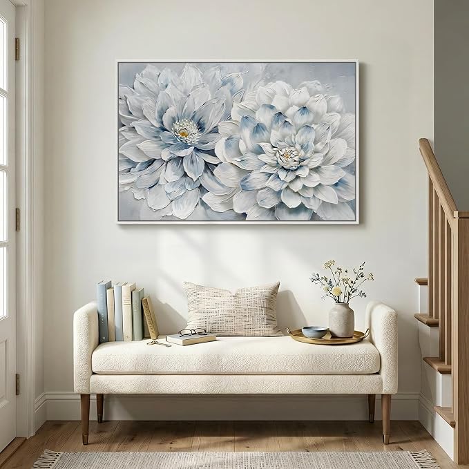 Framed Floral Wall Art, Modern Botanical Canvas Prints Artwork for Walls, Natural Pastel Watercolor Blue and White Elegant Flower Pictures for Living Room Bedroom Dining Room Wall Decor, 24x36 Inch