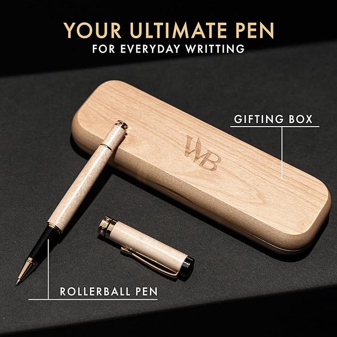 Wordsworth and Black Rollerball Pen-Stunning Luxury Pen Bamboo Maplewood Gold Finish, Refillable, Best Roller Ball Gift Set Pen for Men & Women, Ink Refill, Point Office Pens for Writing