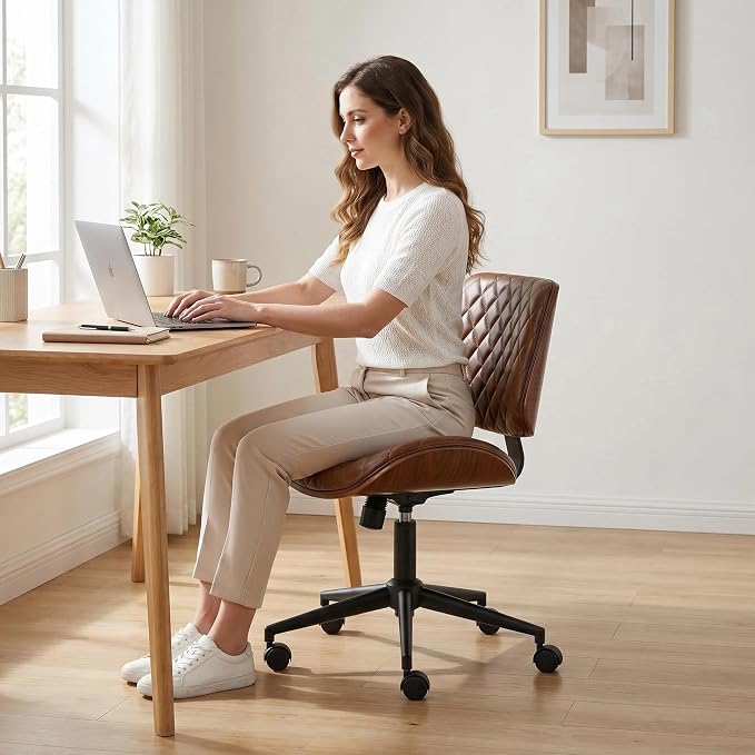 Furnimart Wooden Armless Desk Chair with Wheels, 360° Swivel Faux Leather Vanity Chair for Bedroom, Small Office Computer Task Chair for Home & Compact Spaces (PU Brown)