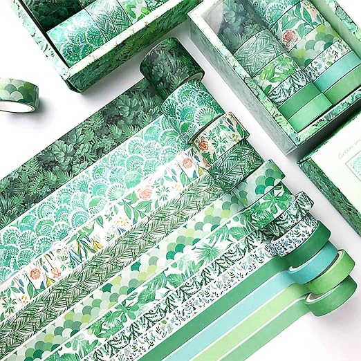 CooBigo 12 Rolls Washi Tape Set, Decorative Masking Tapes for Arts Scrapbook Planner Journaling Supplies Gift Wrapping DIY Crafts (Green Mint)