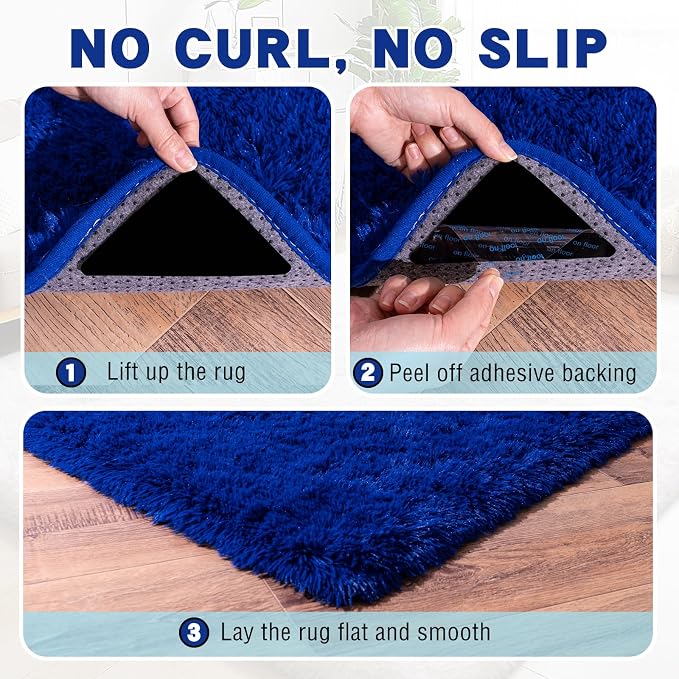 3x5 Area Rug for Bedroom, Blue Rugs for Living Room Nursery Kids Room Dorm Home Decor Aesthetic, Fluffy Shaggy Rug with 4 Anti-Slip Carpet Tapes, Navy Blue