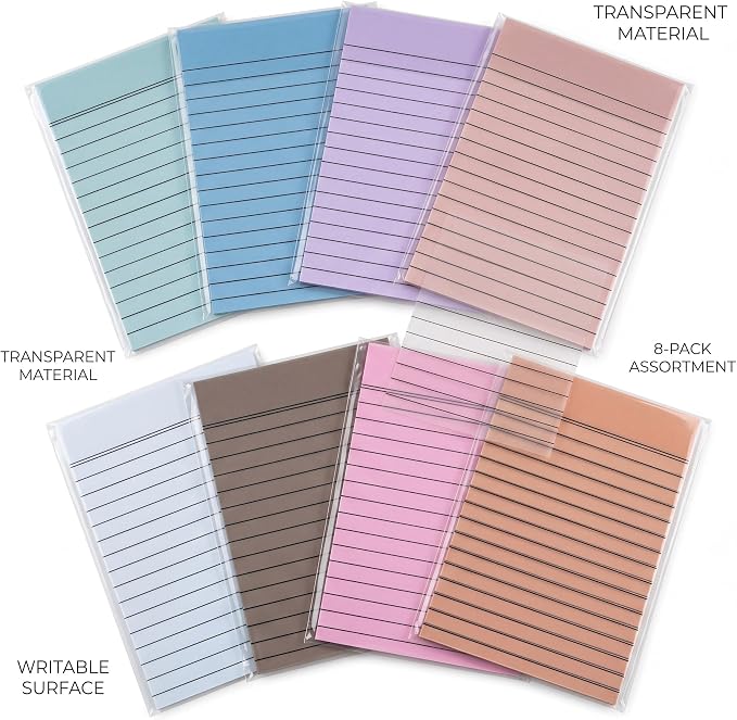 Yinder 8 Pack Colored Transparent Sticky Notes Translucent Clear Lined Self Sticky Notes, Back to School Gift Bible Tab for Planners, School Supplies Office, 30 Sheets/Pack, 4 x 6'' (Aesthetic Color)