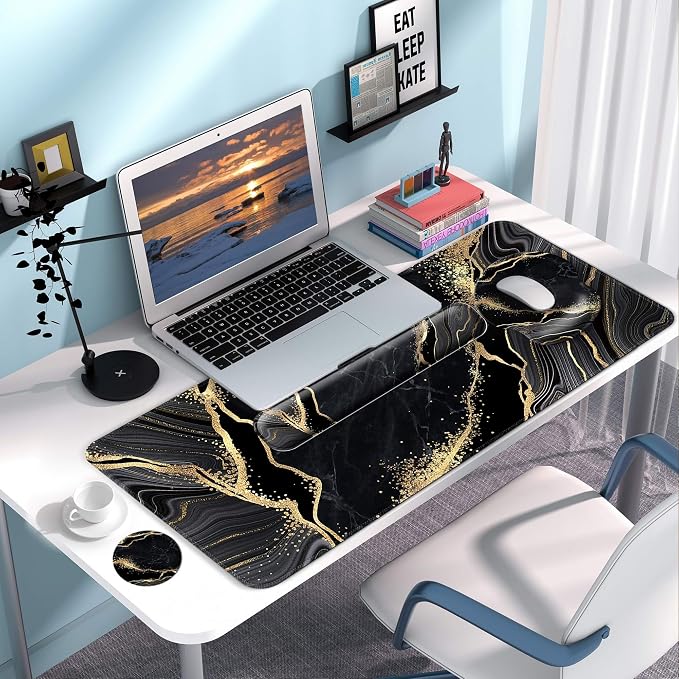 Desk Mat Set + Keyboard and Mouse Pad with Wrist Rest Support,4-in-1 Large Mousepad Computer Mats for Desktop Home & Office-Marble 3