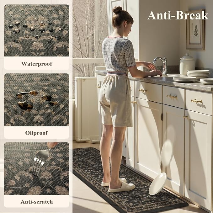 KIMODE Kitchen Floor Mats Anti Fatigue,Cushioned Kitchen Sink Rug | 17.3"x47"+ 17.3"x29",Dark Grey,Memory Foam Ergonomic Standing Mat Waterproof for Laundryroom Sink Home Office