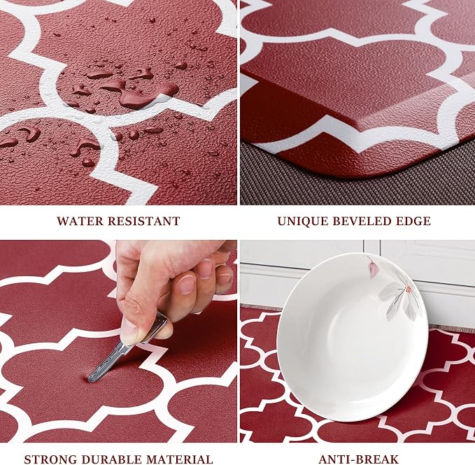 WISELIFE Cushioned Anti-Fatigue Mats,17.3"x 28",Non Slip Waterproof Heavy Duty PVC Ergonomic Comfort Rug for Kitchen, Floor Home, Office, Sink, Laundry,Red